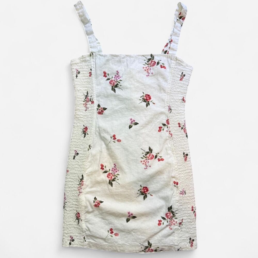 White Rose Pattern Floral Mini Dress with Adjustable Straps and Side Smocking - Picture 2 of 6